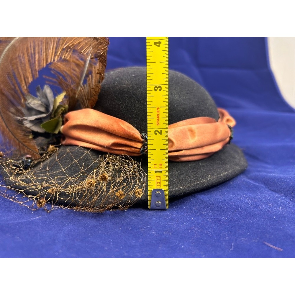 Vintage 40s 50s Best & Co NY Black Felt Hat Veil Feather Cocktail Hat - Picture 10 of 10